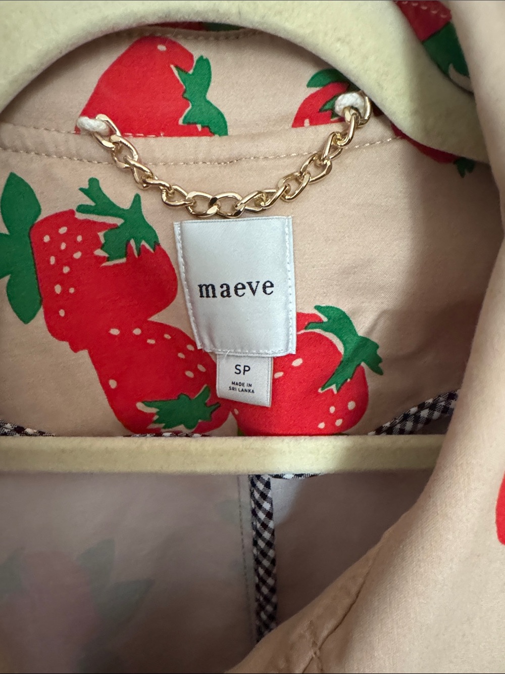 Anthropologie / Maeve Beige Trench Coat with Red & Green Strawberry Print - Picture 2 of 9